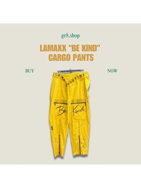 LAMAXX "Be Kind" Yellow Cargo Pants With Rhinestone Detailing Elastic Waist and
